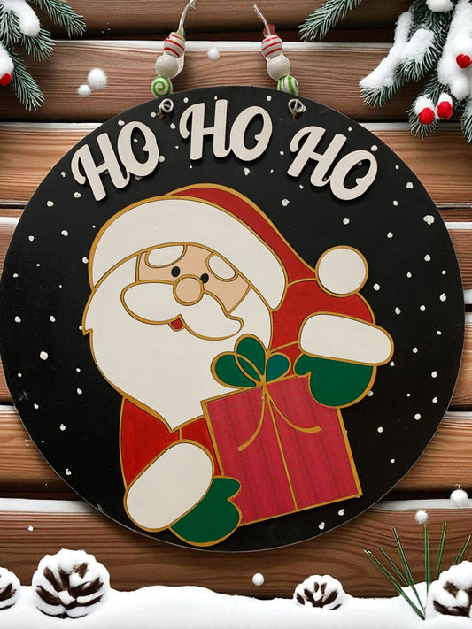 Santa “Ho Ho Ho” Christmas Door Sign – Handmade Round Holiday Sign with Gift Bag & Snowflakes