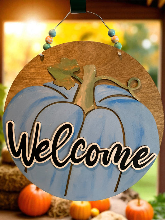Welcome Pumpkin Wooden Sign – Rustic Fall Door Hanger – Handmade Autumn Porch Deco