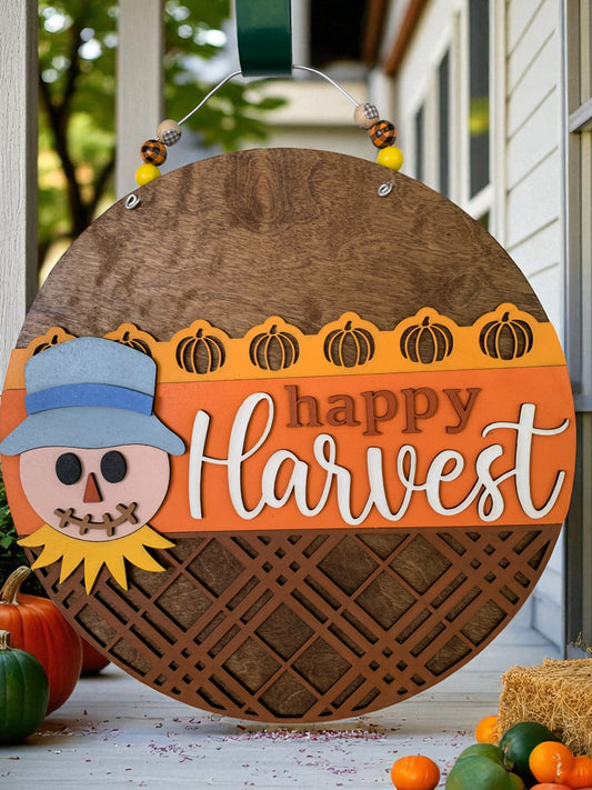 Happy Harvest Wooden Fall Sign – Rustic Farmhouse Scarecrow Front Door Décor