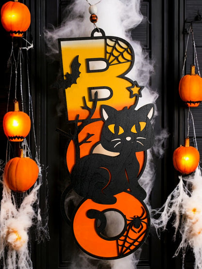Halloween Black Cat BOO Sign – Wooden Spooky Door Hanger – Handmade Fall Porch & Wall Decor