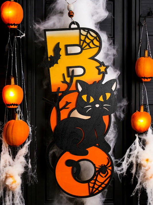 Halloween Black Cat BOO Sign – Wooden Spooky Door Hanger – Handmade Fall Porch & Wall Decor