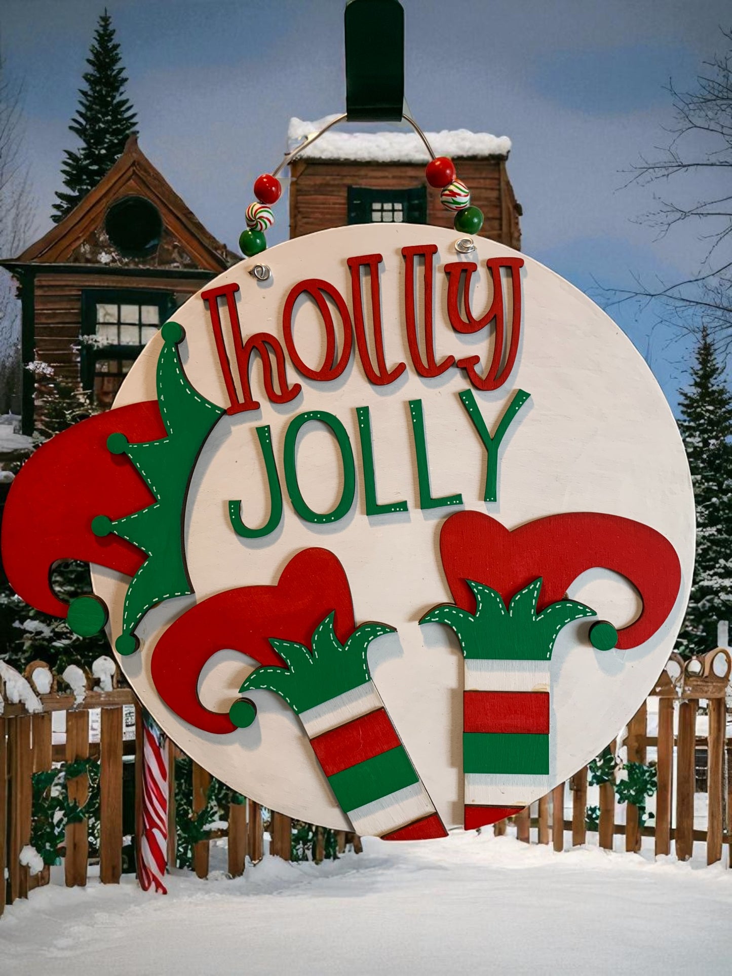 Holly Jolly Elf Door Sign – Handmade Christmas Elf Decor with Hats and Striped Legs