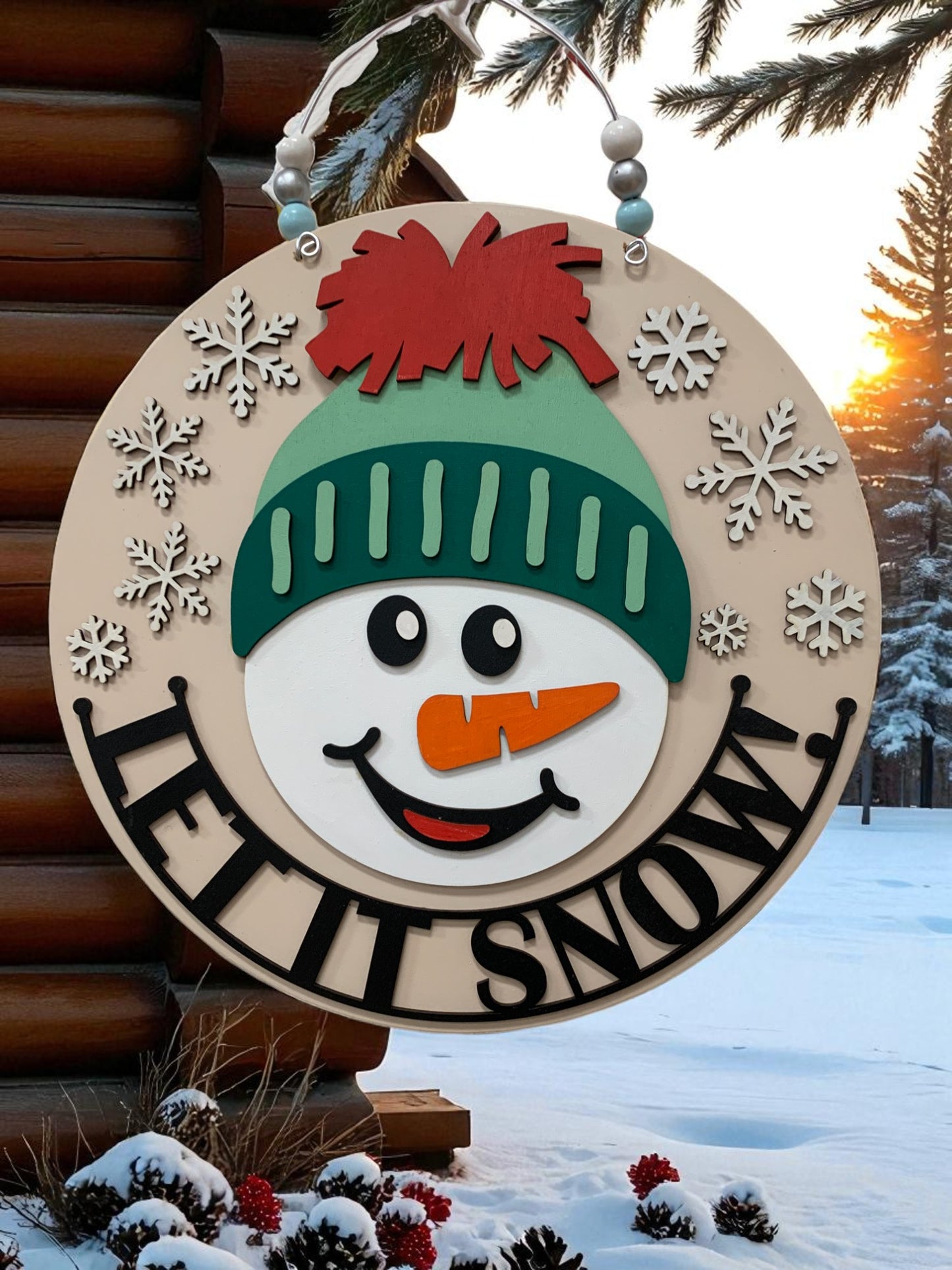 Let It Snow Snowman Sign – Handmade Winter Door Hanger with Snowflakes and Beanie