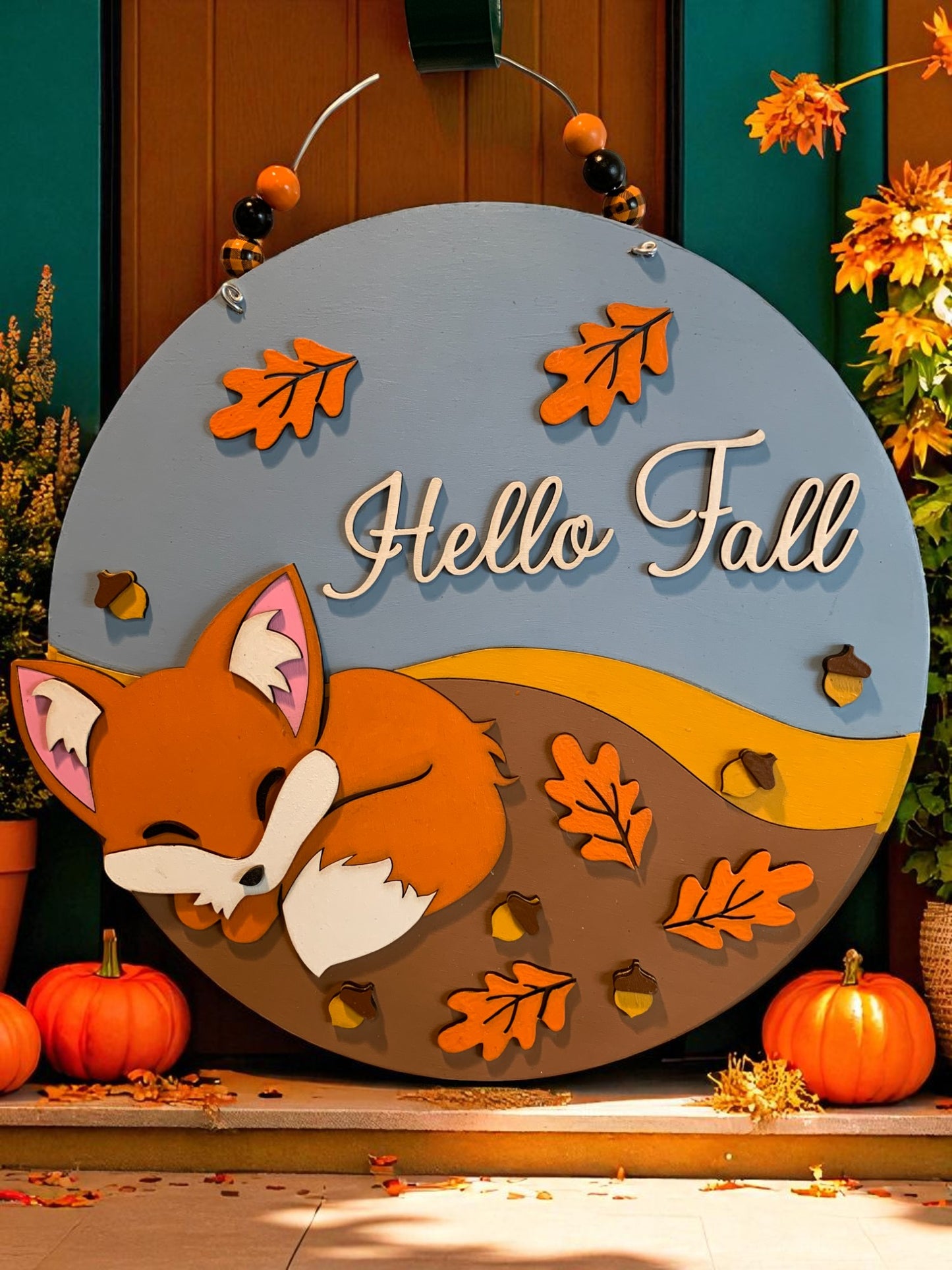 Hello Fall Wooden Sign – Sleeping Fox Rustic Autumn Porch & Wall Décor – Handmade Layered Wood