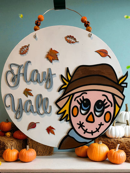 Hay Y’all Scarecrow Fall Door Hanger – Rustic Farmhouse Autumn Porch Sign