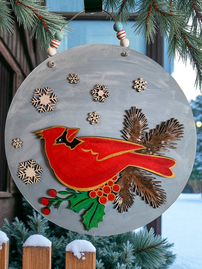 Handmade Winter Cardinal Sign – Rustic Christmas Wall Decor with Snowflakes