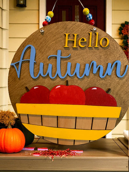 Hello Autumn Wooden Sign – Rustic Apple Basket Fall Door Hanger – Handmade Farmhouse Front Porch Decor