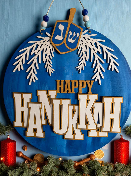 Happy Hanukkah Door Sign – Wooden Dreidel Wall Hanging, Rustic Blue Jewish Holiday Decor