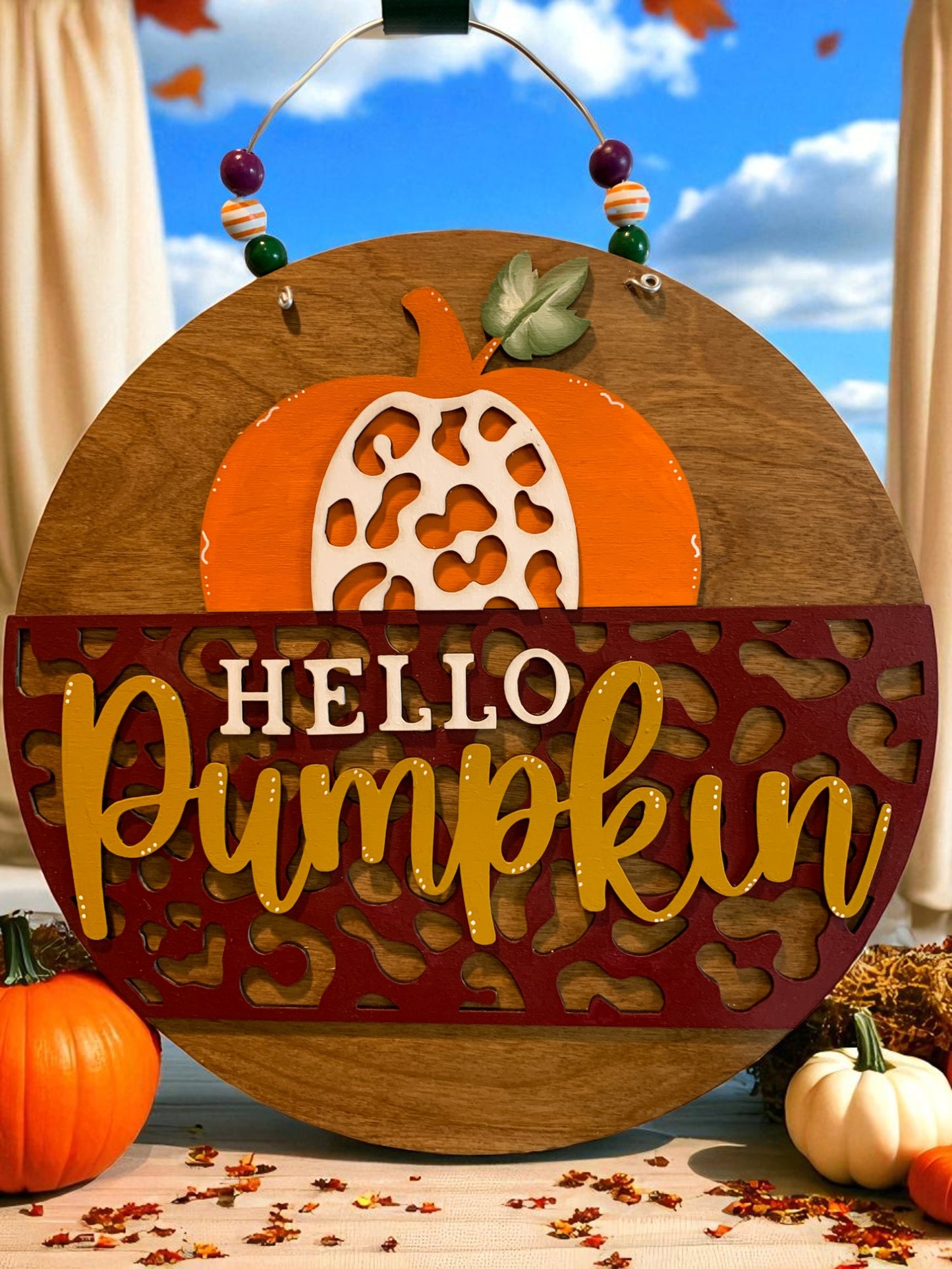 Hello Pumpkin Leopard Print Wooden Sign – Rustic Fall Door Hanger – Handmade Autumn Porch Decor