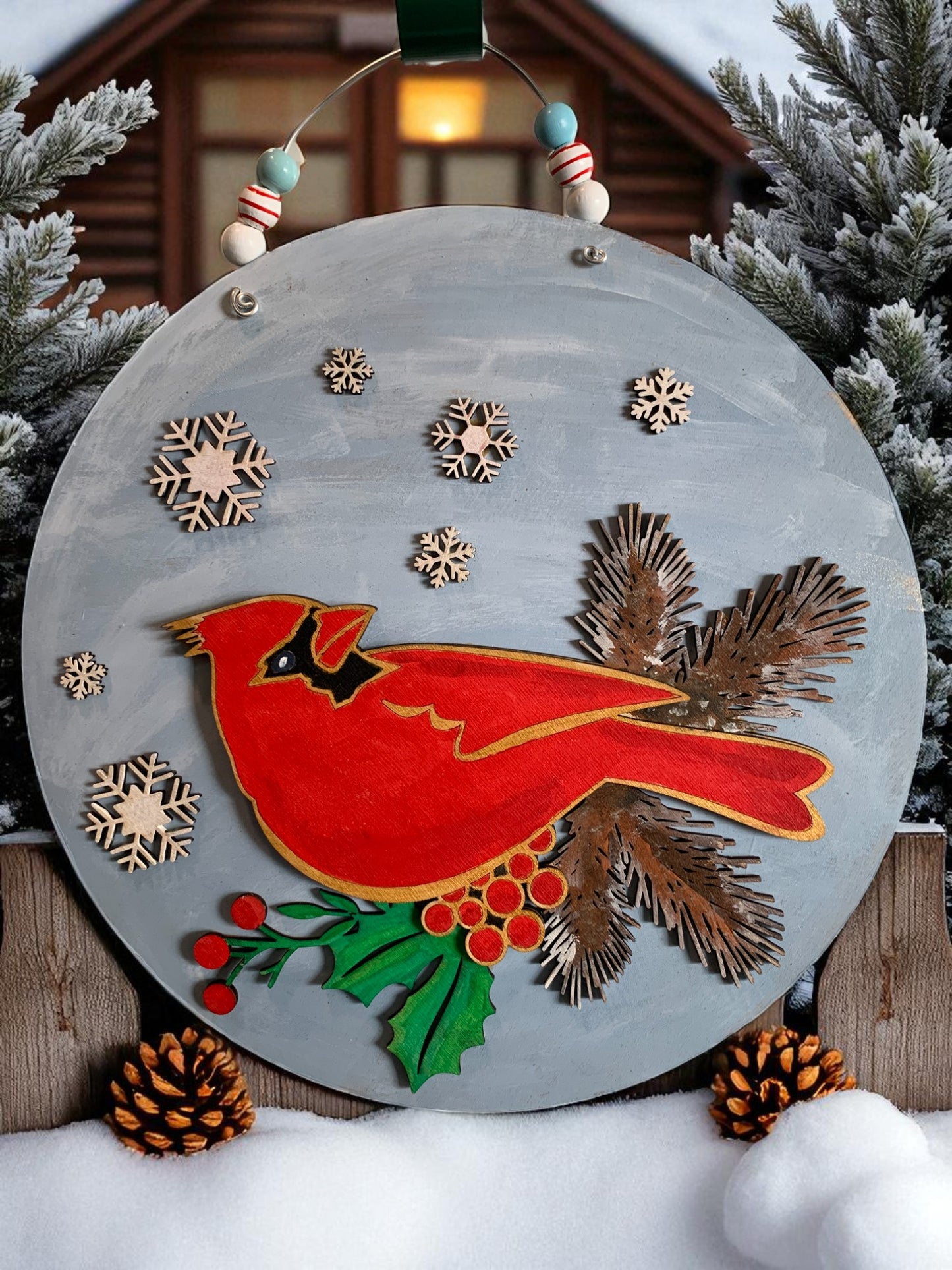 Handmade Winter Cardinal Sign – Rustic Christmas Wall Decor with Snowflakes