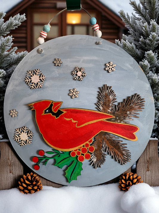 Handmade Winter Cardinal Sign – Rustic Christmas Wall Decor with Snowflakes