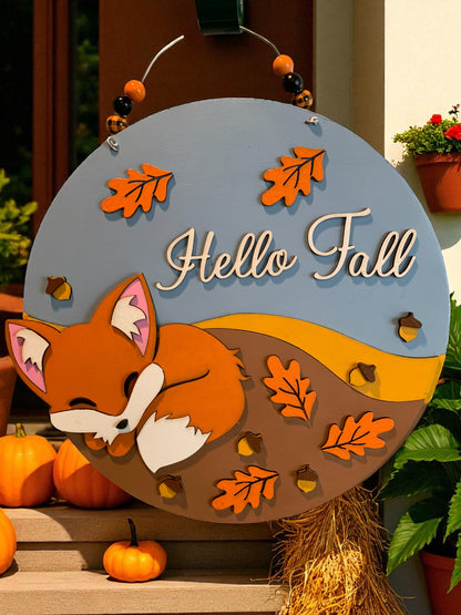 Hello Fall Wooden Sign – Sleeping Fox Rustic Autumn Porch & Wall Décor – Handmade Layered Wood