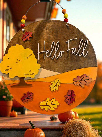 Hello Fall Wooden Sign with Tree and Leaves – Handcrafted Autumn Wall Décor – Rustic Fall Porch Accent