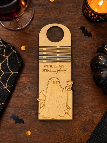 Ghost Wine Bottle Tag Gift Card Holder | Halloween Hostess Gift | Handmade Wood