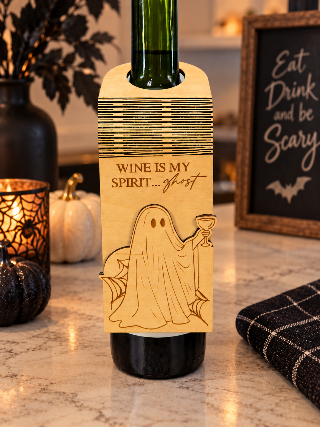 Ghost Wine Bottle Tag Gift Card Holder | Halloween Hostess Gift | Handmade Wood
