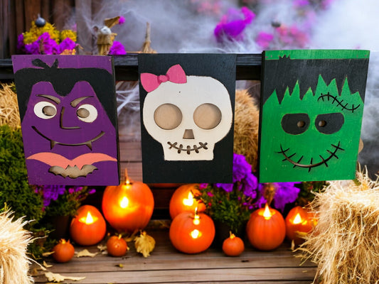 Halloween Wooden Gift Card Holders – Vampire, Skull, and Frankenstein Designs – Handmade Spooky Gift Presentation