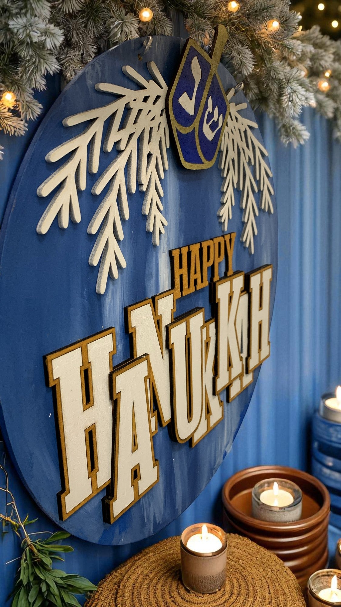 Happy Hanukkah Door Sign – Wooden Dreidel Wall Hanging, Rustic Blue Jewish Holiday Decor