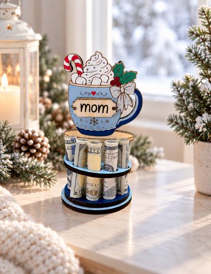 Personalized Hot Cocoa Money Tree | Christmas Cash Gift for Mom | Handmade Wood