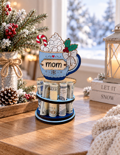Personalized Hot Cocoa Money Tree | Christmas Cash Gift for Mom | Handmade Wood