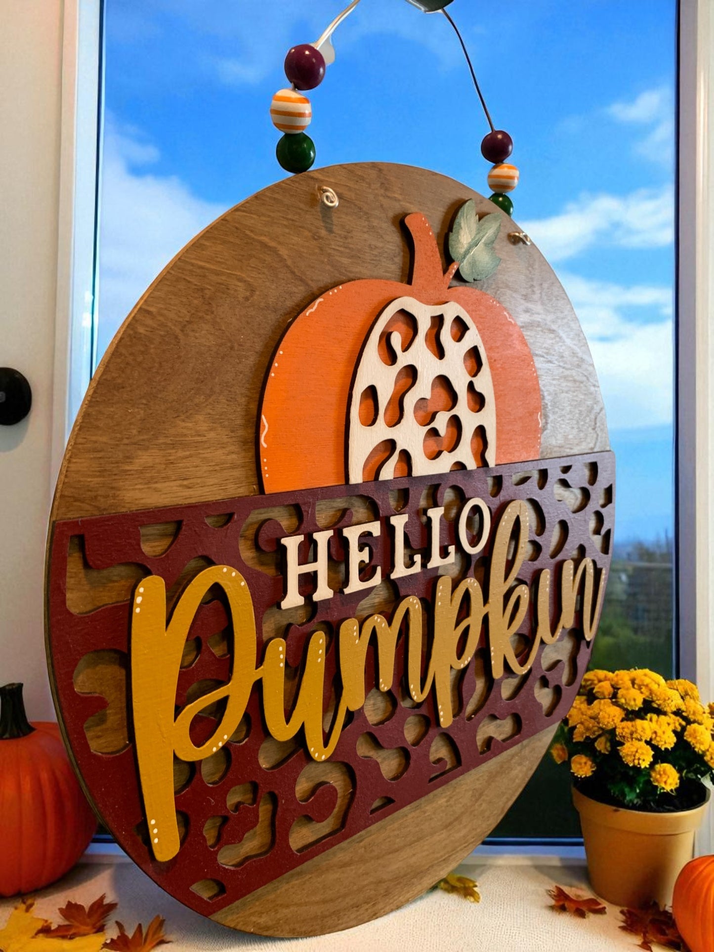 Hello Pumpkin Leopard Print Wooden Sign – Rustic Fall Door Hanger – Handmade Autumn Porch Decor