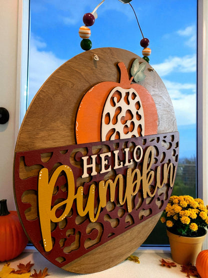Hello Pumpkin Leopard Print Wooden Sign – Rustic Fall Door Hanger – Handmade Autumn Porch Decor