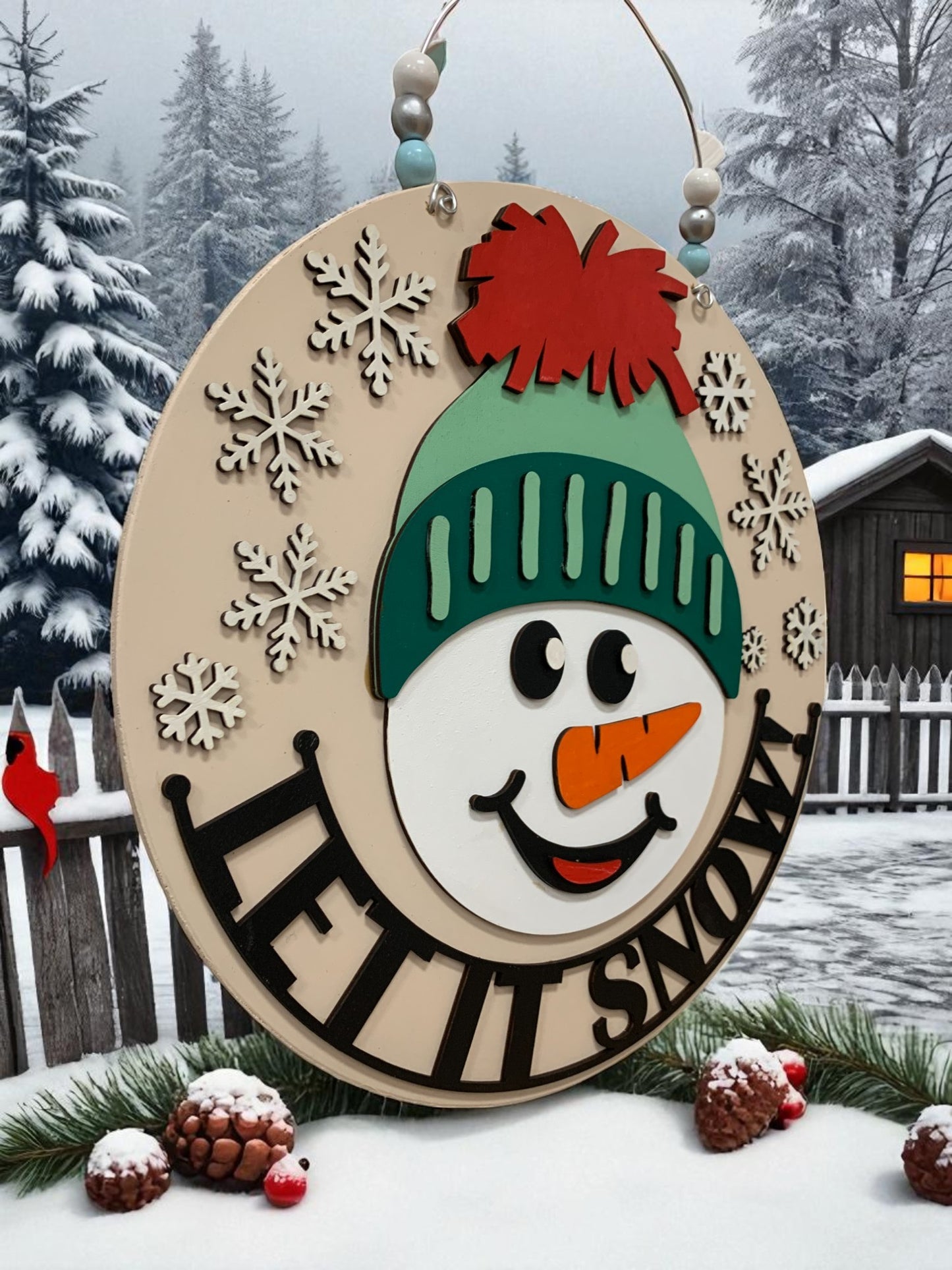 Let It Snow Snowman Sign – Handmade Winter Door Hanger with Snowflakes and Beanie
