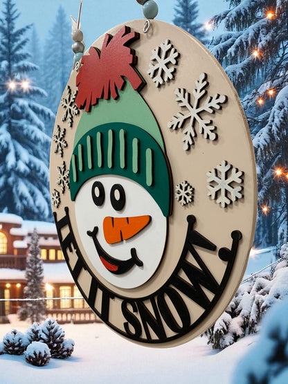 Let It Snow Snowman Sign – Handmade Winter Door Hanger with Snowflakes and Beanie