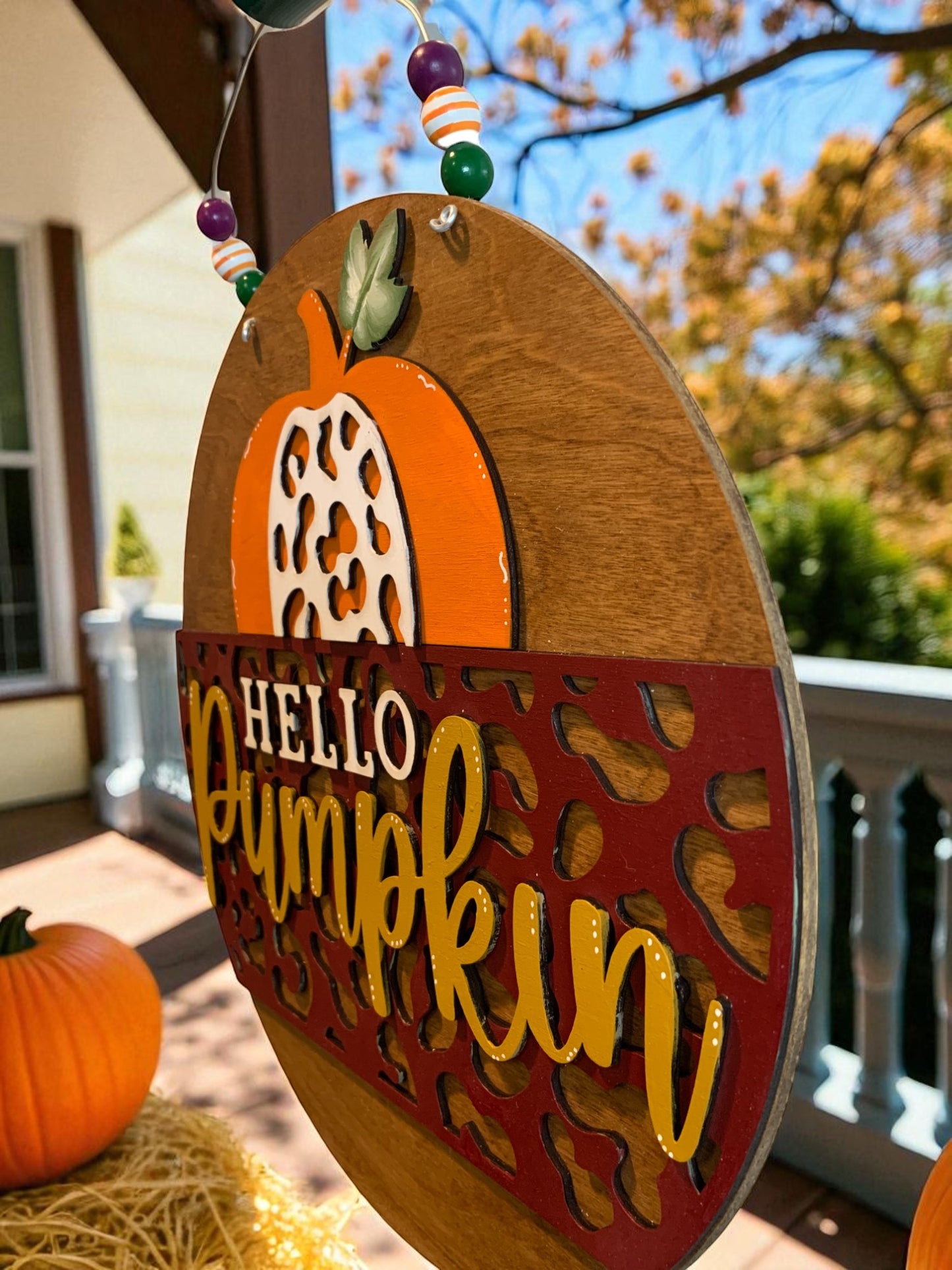 Hello Pumpkin Leopard Print Wooden Sign – Rustic Fall Door Hanger – Handmade Autumn Porch Decor