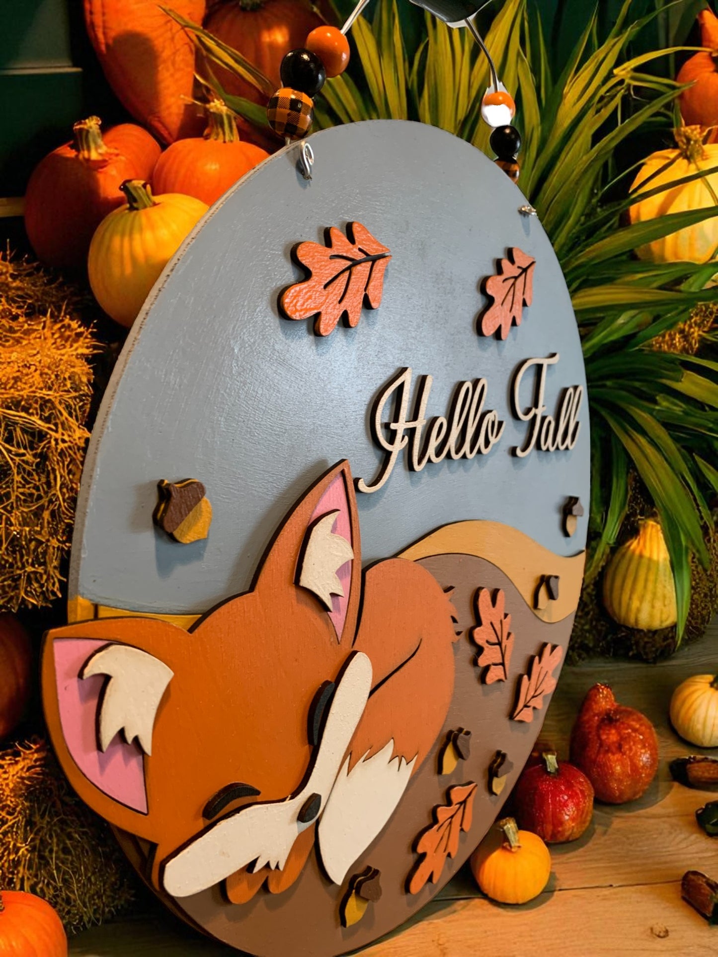 Hello Fall Wooden Sign – Sleeping Fox Rustic Autumn Porch & Wall Décor – Handmade Layered Wood