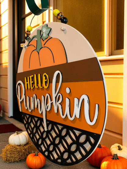 Hello Pumpkin Wooden Fall Sign – Rustic Autumn Front Door or Porch Décor