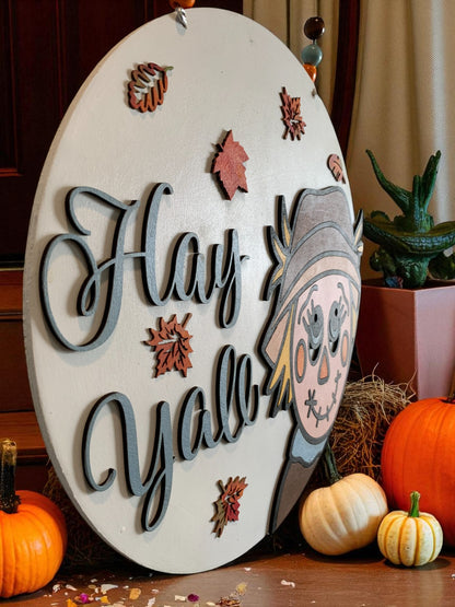 Hay Y’all Scarecrow Fall Door Hanger – Rustic Farmhouse Autumn Porch Sign