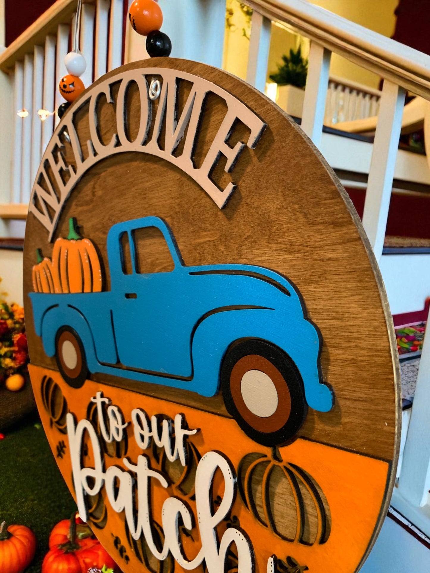 Welcome to Our Patch Fall Sign – Blue Truck Pumpkin Door Hanger – Rustic Farmhouse Wall Decor