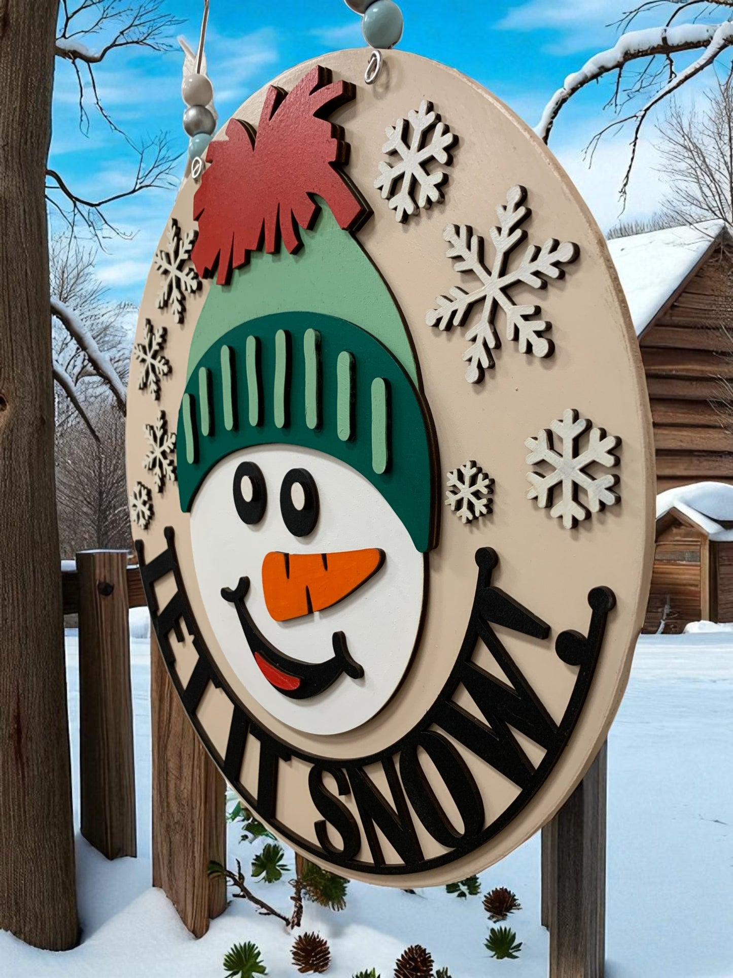 Let It Snow Snowman Sign – Handmade Winter Door Hanger with Snowflakes and Beanie