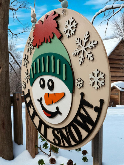 Let It Snow Snowman Sign – Handmade Winter Door Hanger with Snowflakes and Beanie