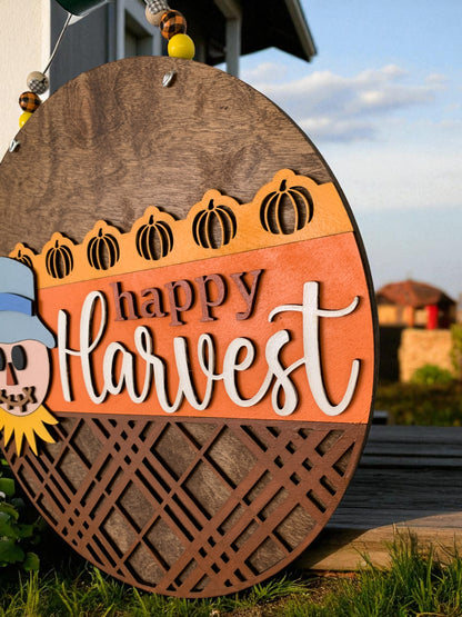 Happy Harvest Wooden Fall Sign – Rustic Farmhouse Scarecrow Front Door Décor