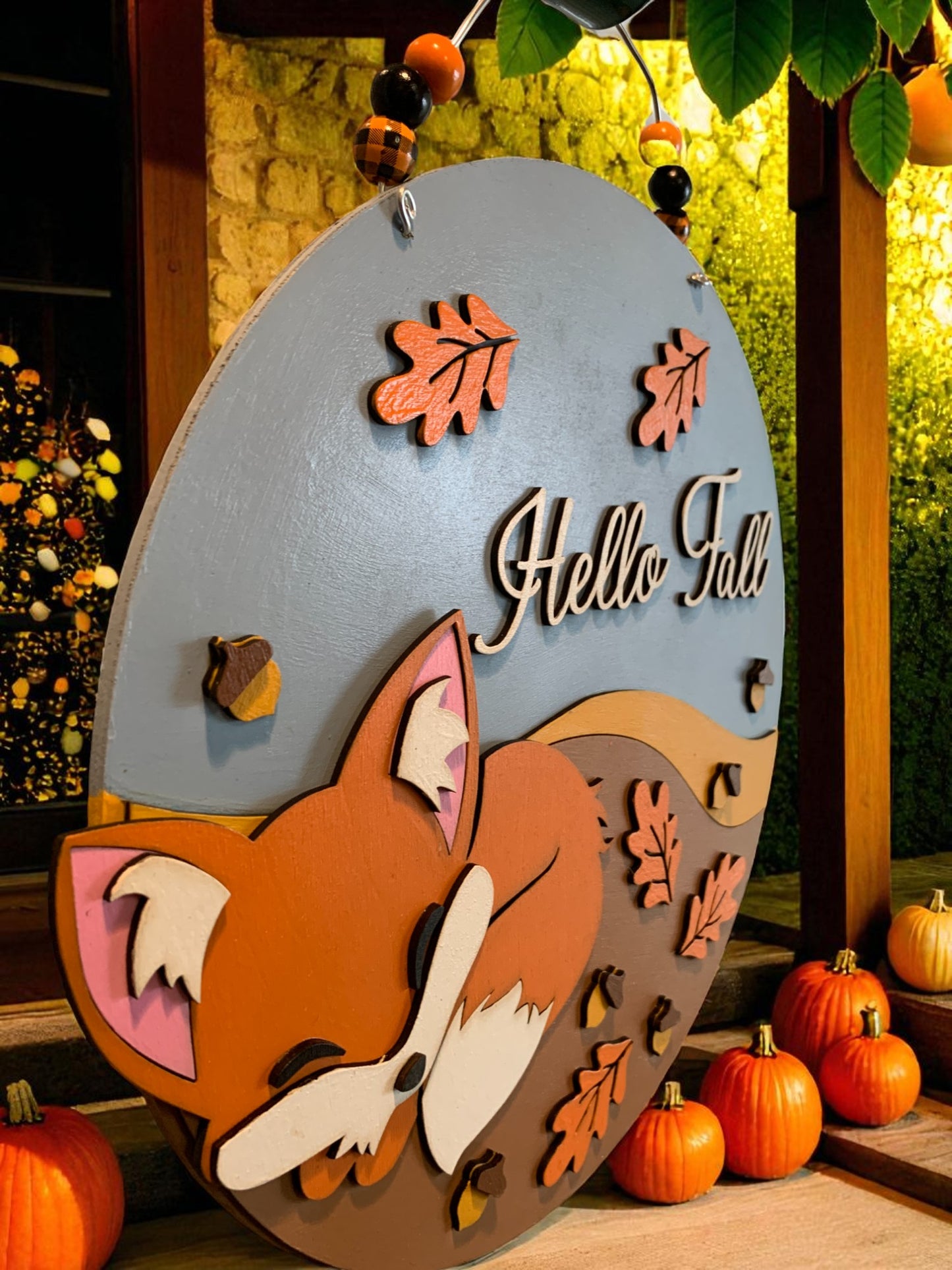 Hello Fall Wooden Sign – Sleeping Fox Rustic Autumn Porch & Wall Décor – Handmade Layered Wood