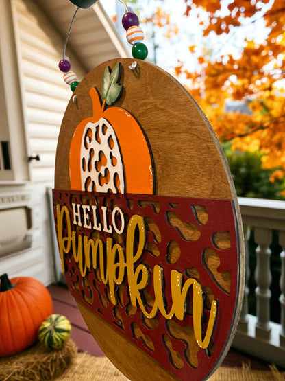 Hello Pumpkin Leopard Print Wooden Sign – Rustic Fall Door Hanger – Handmade Autumn Porch Decor