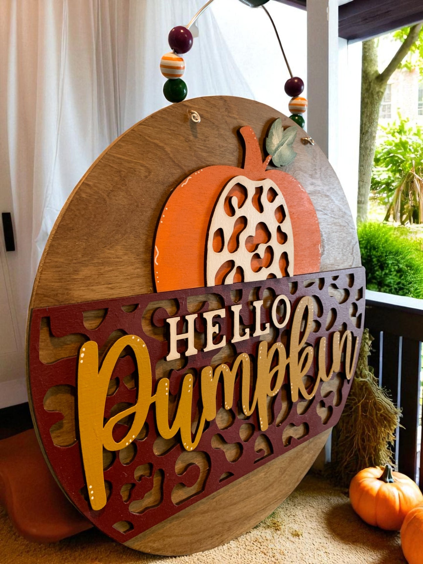 Hello Pumpkin Leopard Print Wooden Sign – Rustic Fall Door Hanger – Handmade Autumn Porch Decor