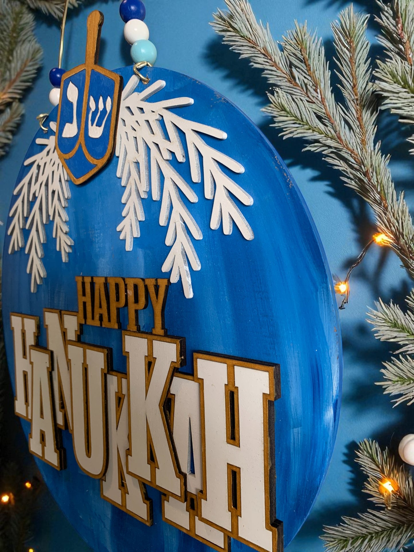 Happy Hanukkah Door Sign – Wooden Dreidel Wall Hanging, Rustic Blue Jewish Holiday Decor