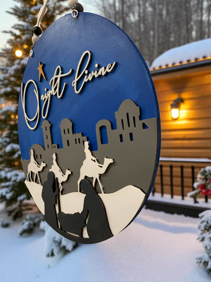 O Night Divine Nativity Scene Sign – Christian Christmas Wall Decor – Handmade Layered Wood Holiday Sign
