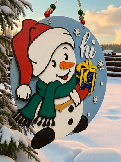 Handmade Snowman Welcome Sign – Festive Christmas Door Decor with Gift and Snowflakes