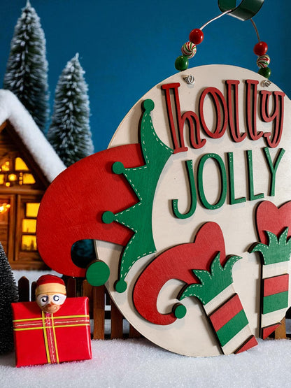 Holly Jolly Elf Door Sign – Handmade Christmas Elf Decor with Hats and Striped Legs
