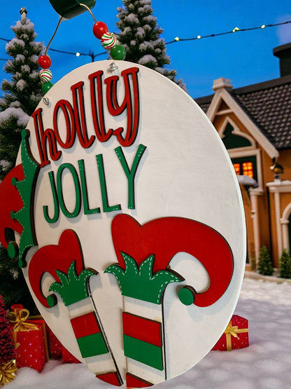 Holly Jolly Elf Door Sign – Handmade Christmas Elf Decor with Hats and Striped Legs