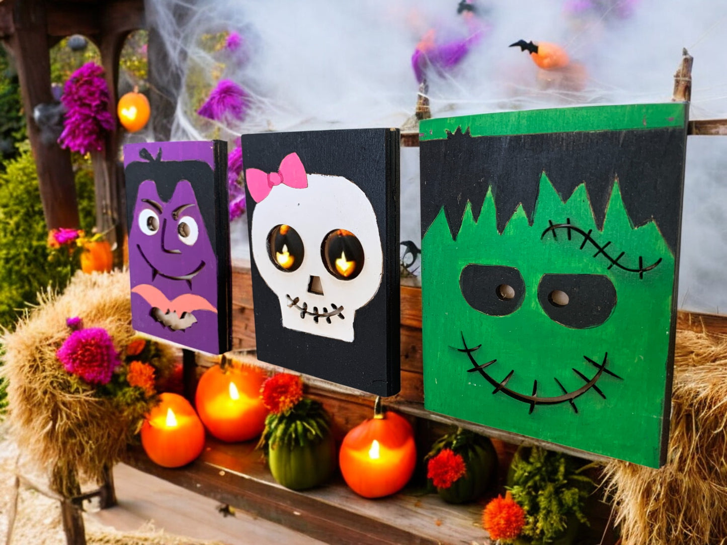 Halloween Wooden Gift Card Holders – Vampire, Skull, and Frankenstein Designs – Handmade Spooky Gift Presentation