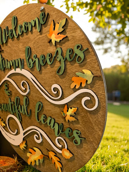 Welcome Autumn Breezes Wooden Fall Sign – Handcrafted Leaf Wall Décor – Rustic Seasonal Home Accent