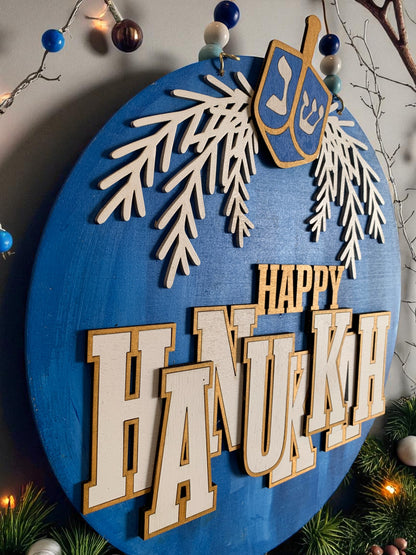Happy Hanukkah Door Sign – Wooden Dreidel Wall Hanging, Rustic Blue Jewish Holiday Decor