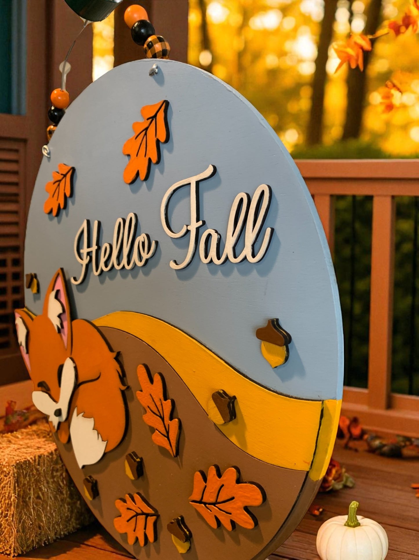 Hello Fall Wooden Sign – Sleeping Fox Rustic Autumn Porch & Wall Décor – Handmade Layered Wood