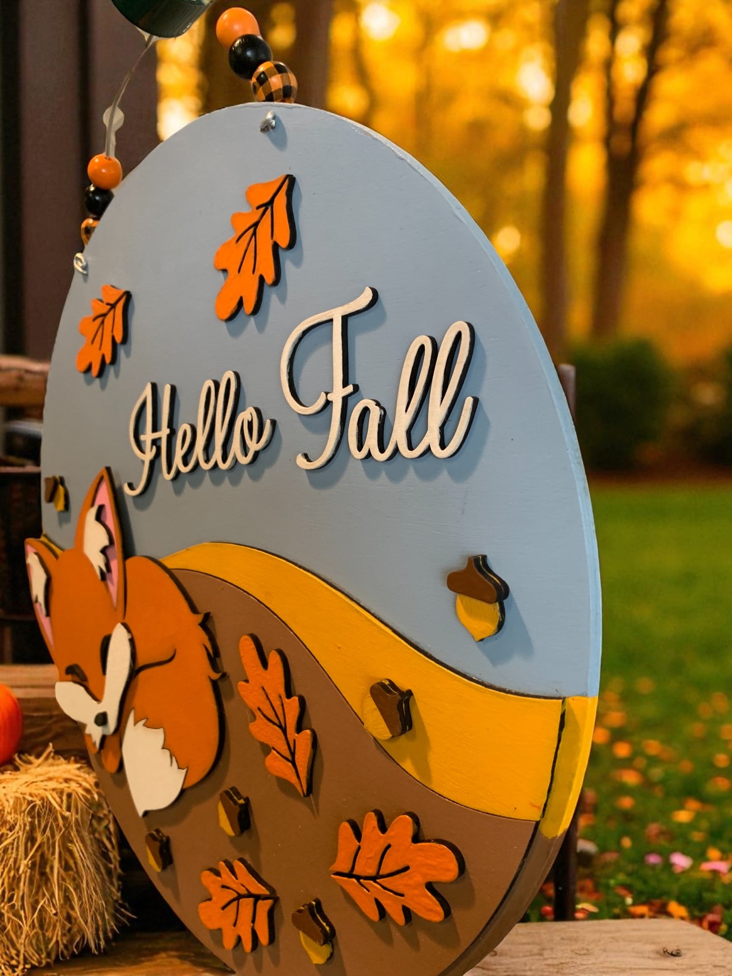 Hello Fall Wooden Sign – Sleeping Fox Rustic Autumn Porch & Wall Décor – Handmade Layered Wood
