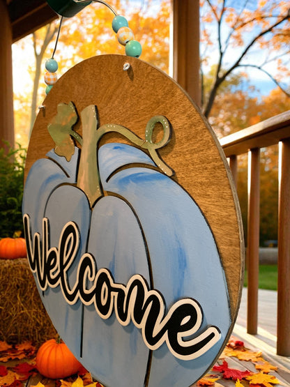 Welcome Pumpkin Wooden Sign – Rustic Fall Door Hanger – Handmade Autumn Porch Deco