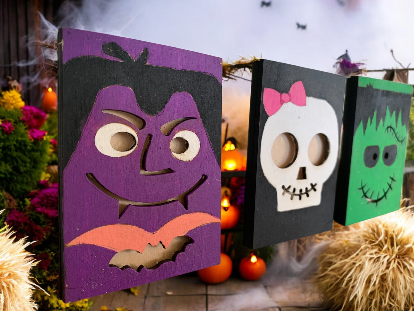 Halloween Wooden Gift Card Holders – Vampire, Skull, and Frankenstein Designs – Handmade Spooky Gift Presentation